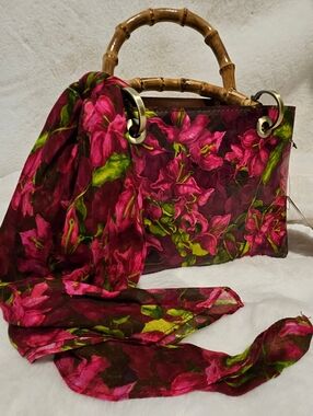 Patricia Nash Leather Empoli Bougainvilleas Satchel with shoulder Strap